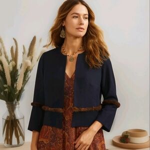 Vilagallo Knit Blazer Genuine Fur Trim Navy Blue Quiet Luxury Size US 10 EU 42